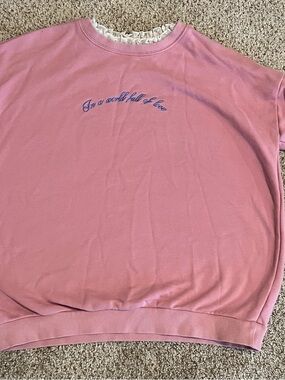 ONLY Pink Knit Top with White Lace Trim Embroidered Flowers Quote Sweatshirt